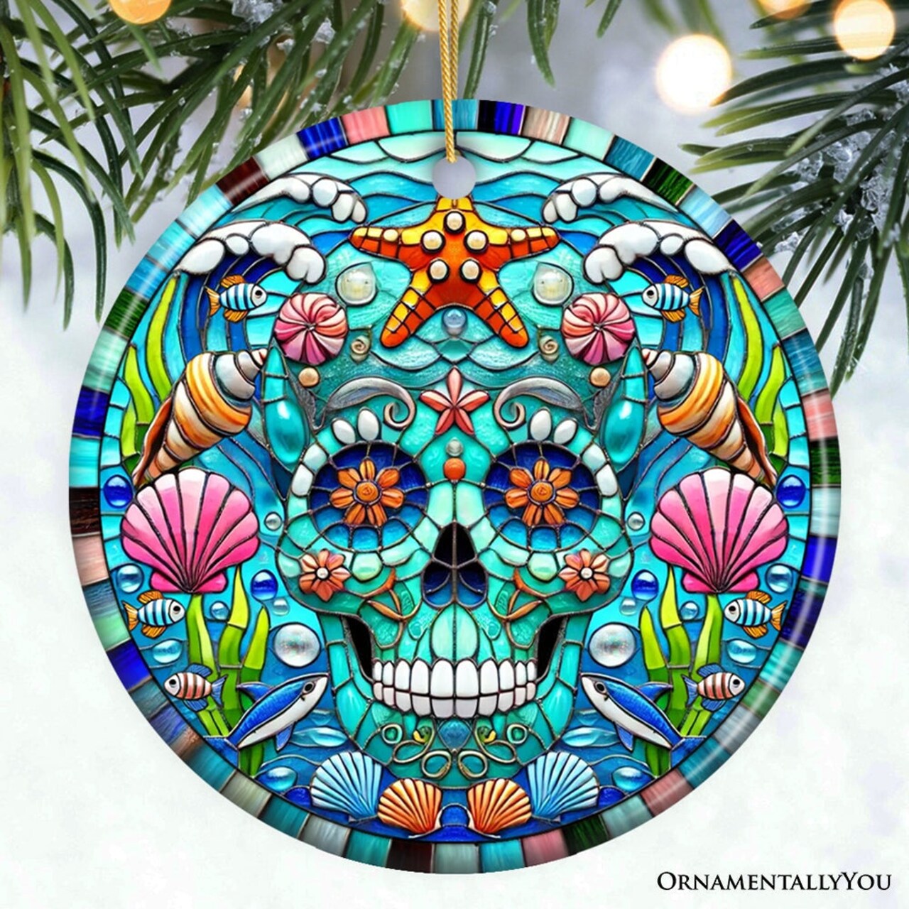Oceanic Oasis Sugar Skull Stained Glass Style Ornament, Marine Wonder Christmas Gift and Decor